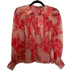 ZARA NWT Sheer Paisley Print Boho Peasant Style Wide Sleeve Button Cuff Crop Top